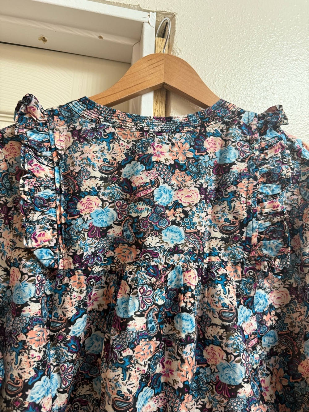 J. Crew Navy Floral Ruffle-Trim Long-Sleeve Blouse - Picture 4 of 7